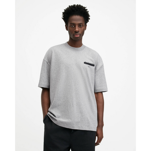 AllSaints Redact Oversized Embroidered Logo T-Shirt Grey